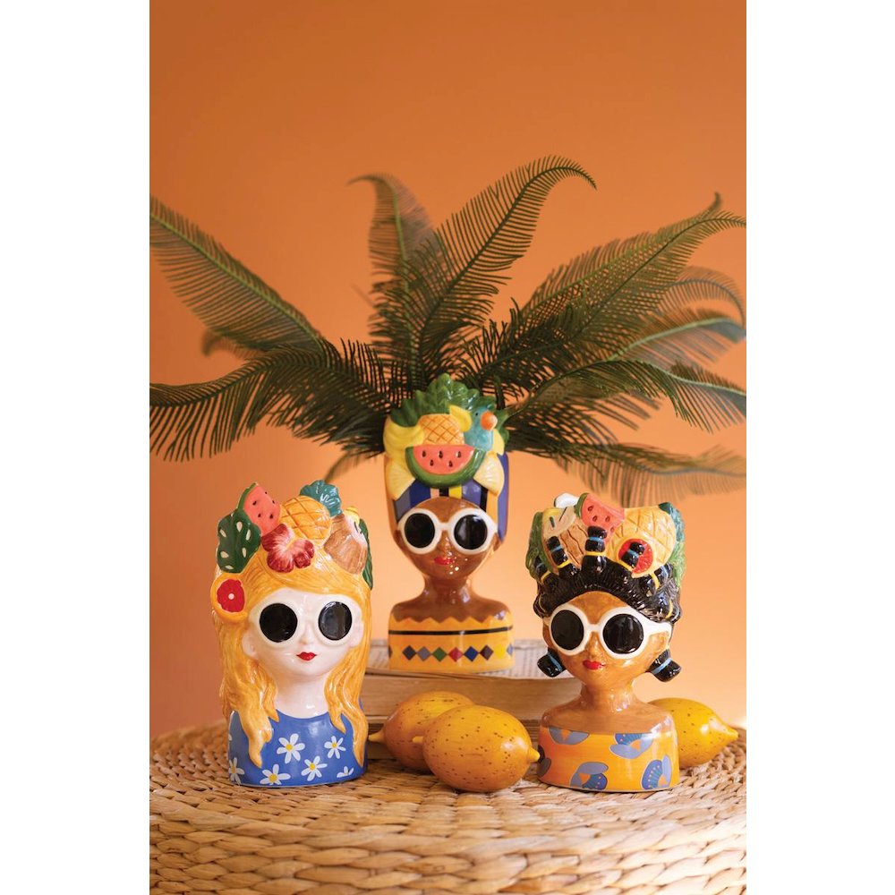 Set Of Three Ceramic Ladies Vases With Fruit Hats