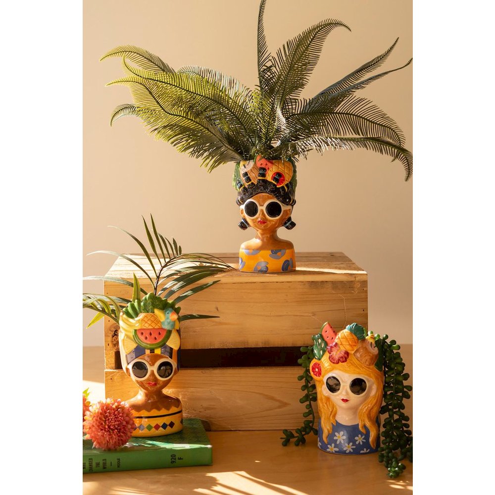 Set Of Three Ceramic Ladies Vases With Fruit Hats