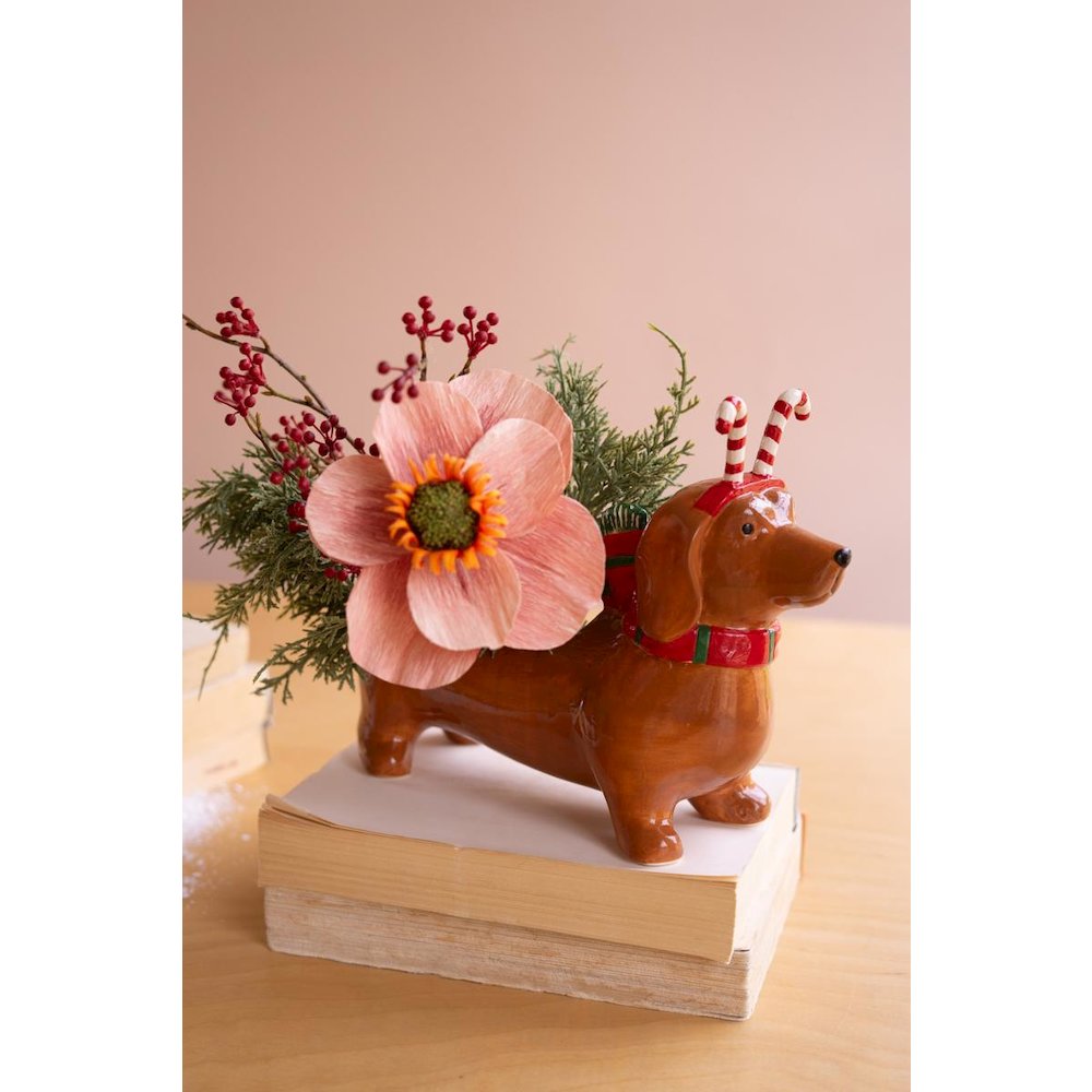 Ceramic Christmas Dachshund Planter - Candy Cane