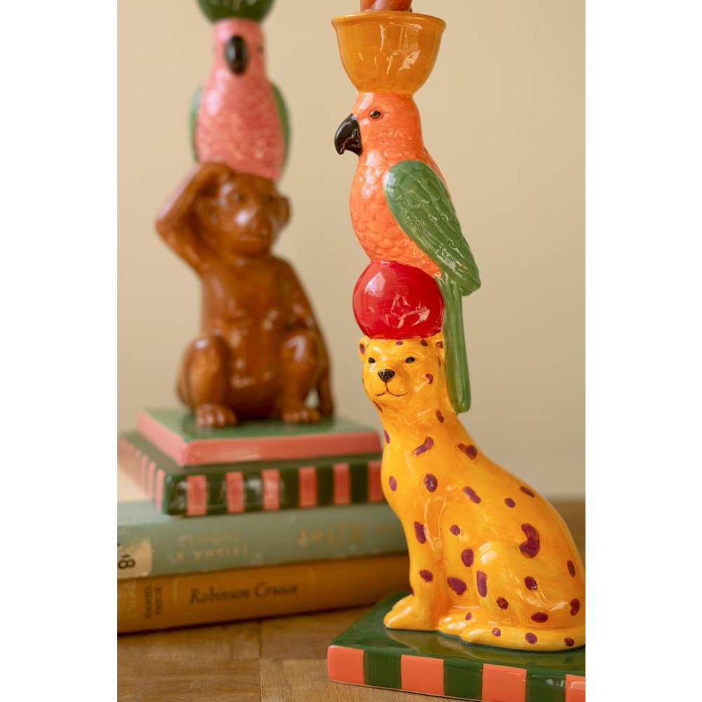 Set Of Two Ceramic Cheetah And Monkey Taper Candle Holders