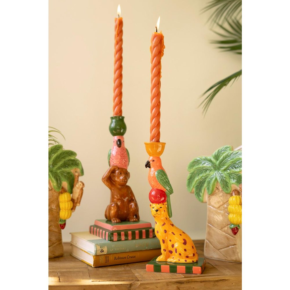 Set Of Two Ceramic Cheetah And Monkey Taper Candle Holders
