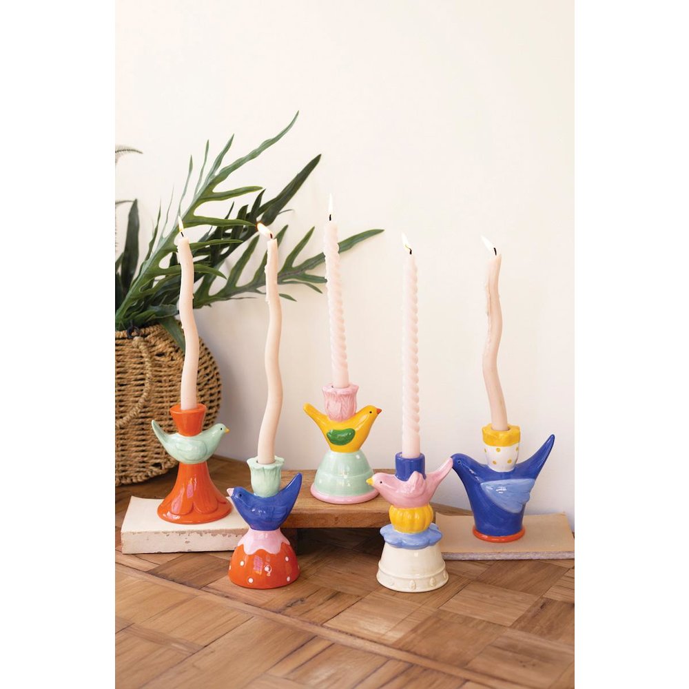 Set Of Five Ceramic Birds Taper Candle Holders