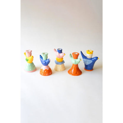 Set Of Five Ceramic Birds Taper Candle Holders