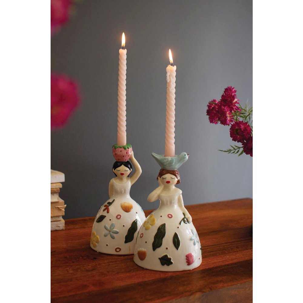 Set Of Two Ceramic Girl Taper Candle Holders