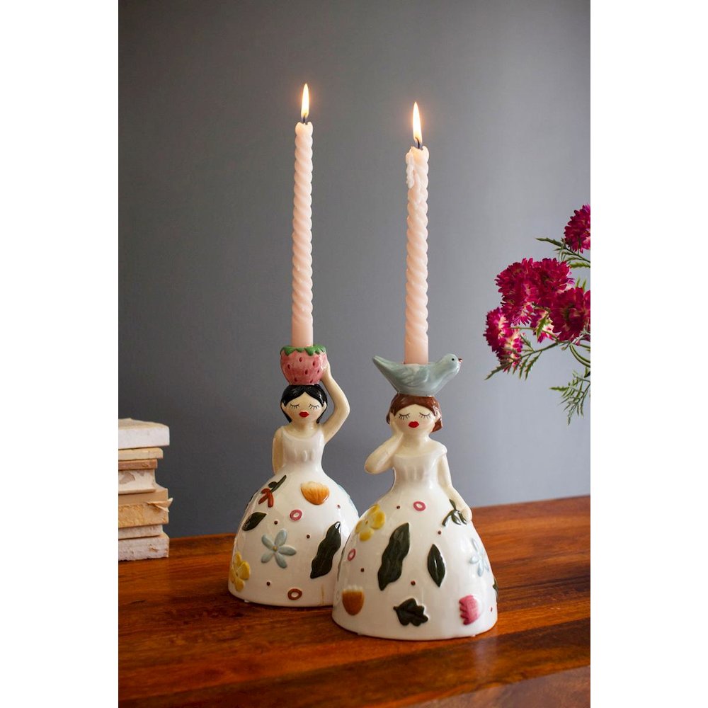 Set Of Two Ceramic Girl Taper Candle Holders