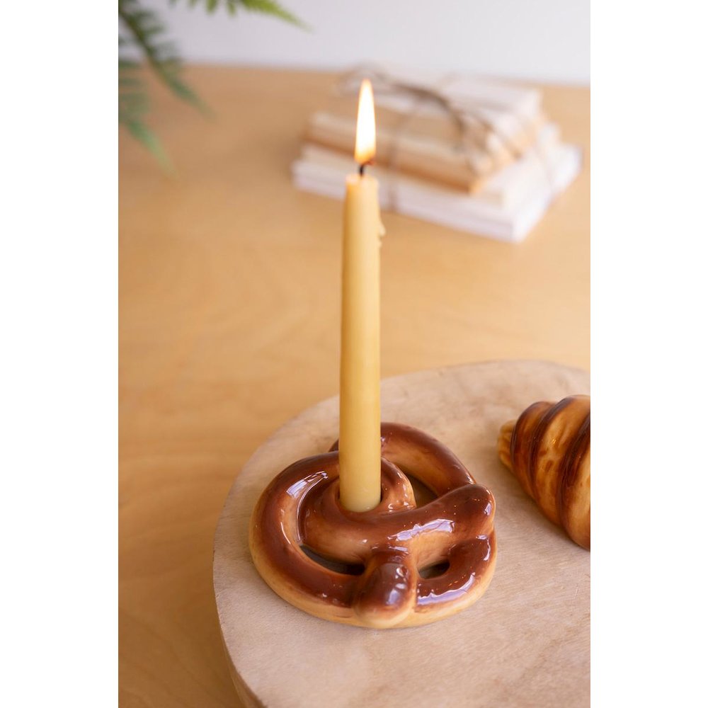 Set Of Two Ceramic Croissant And Pretzel Candle Holders