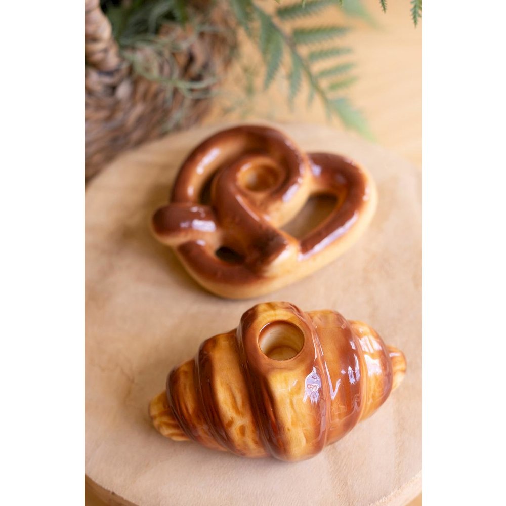 Set Of Two Ceramic Croissant And Pretzel Candle Holders