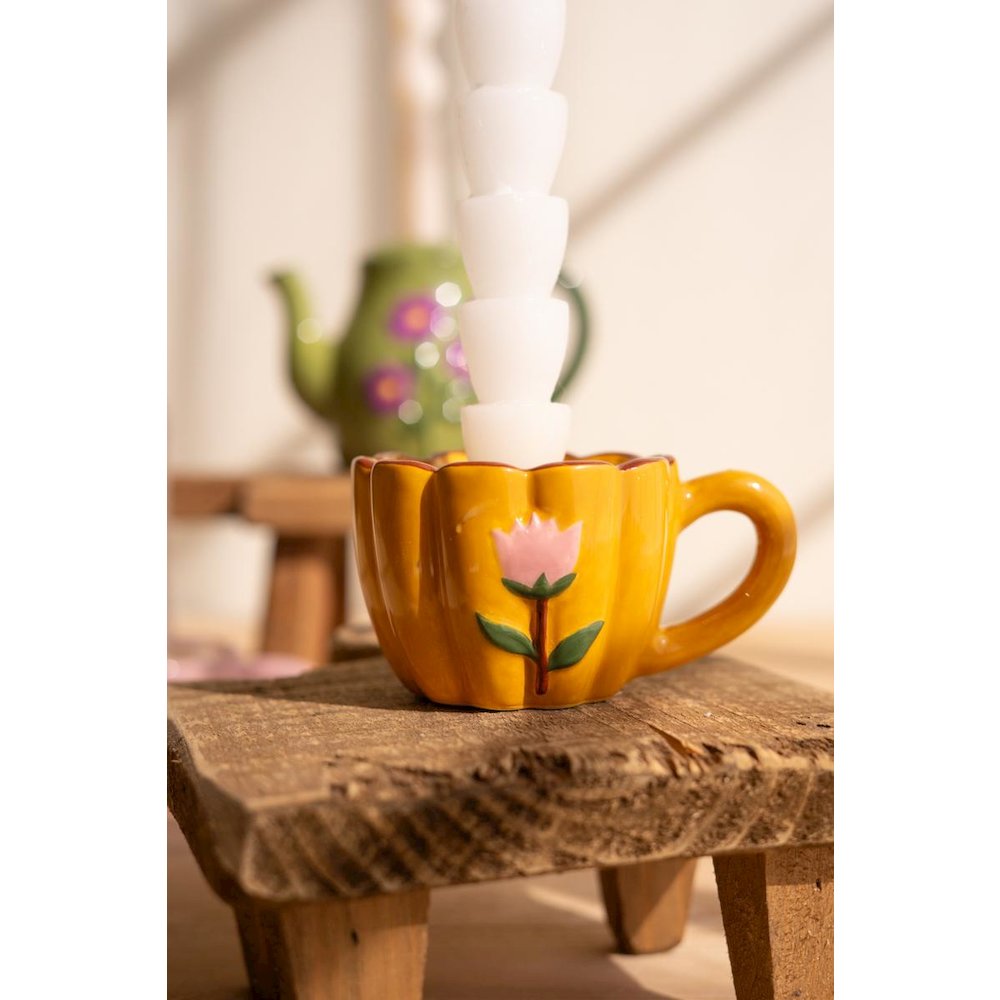Set of Three Ceramic Teapot & 2 Cups Taper Candle Holders