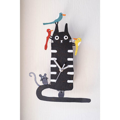 Hand Painted Wall Clock - Black Cat with Birds