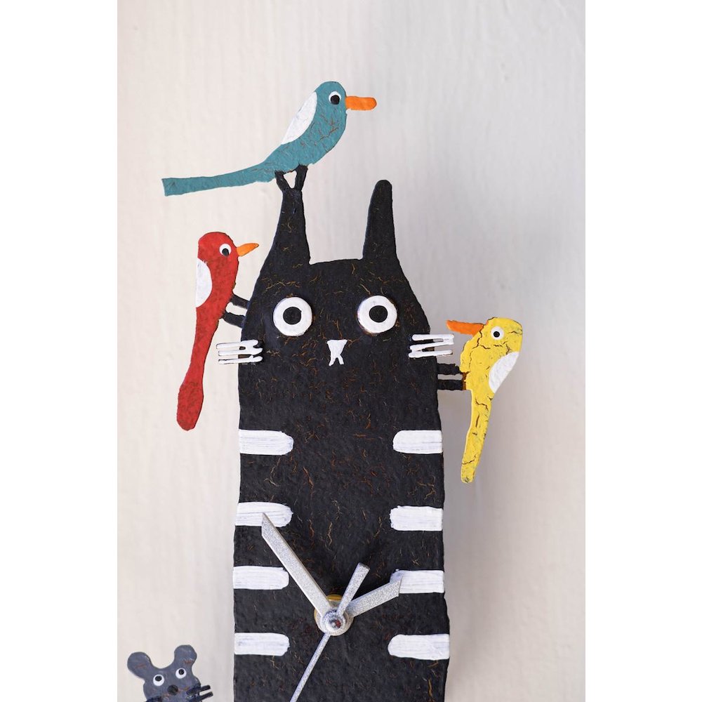 Hand Painted Wall Clock - Black Cat with Birds