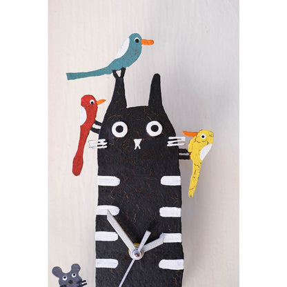 Hand Painted Wall Clock - Black Cat with Birds