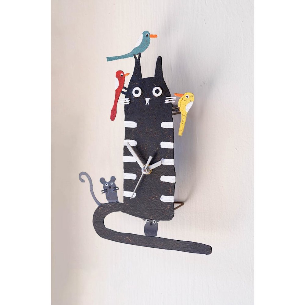 Hand Painted Wall Clock - Black Cat with Birds