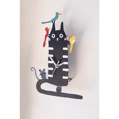 Hand Painted Wall Clock - Black Cat with Birds