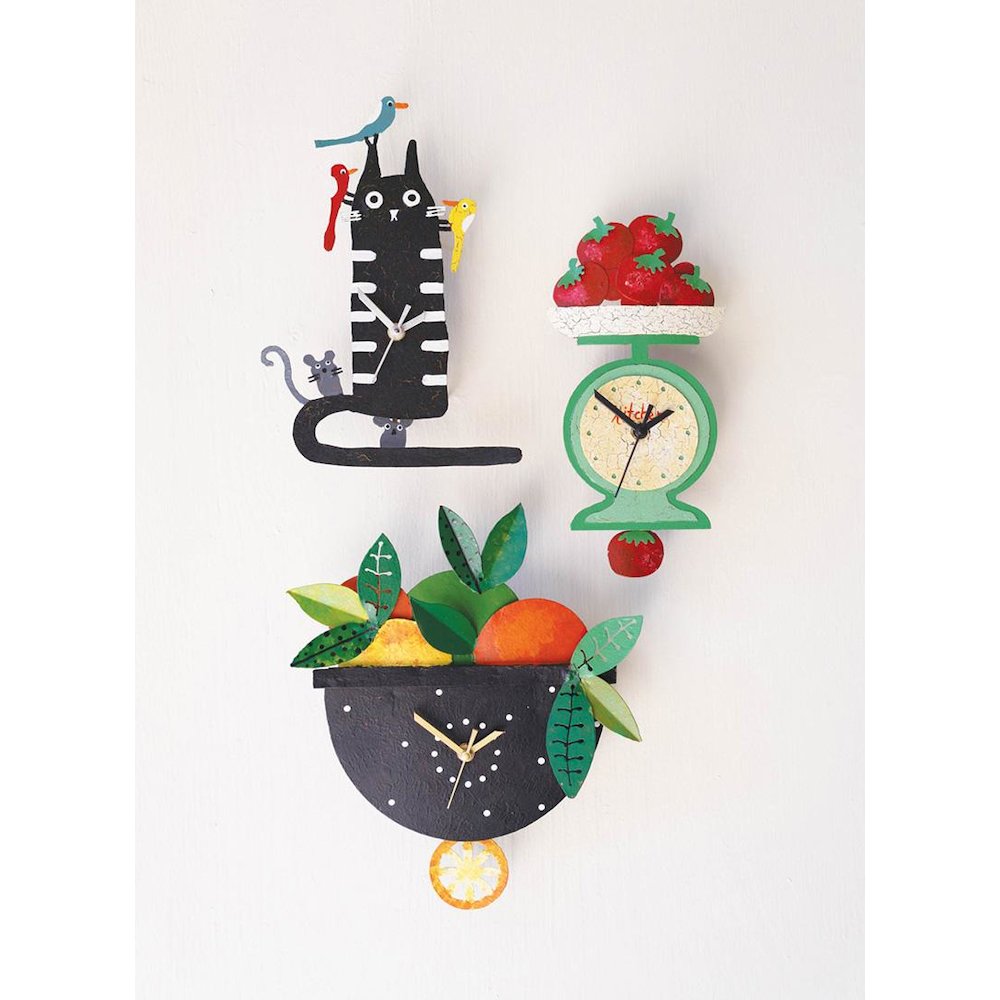 Hand Painted Wall Clock - Black Cat with Birds