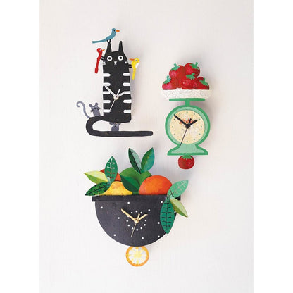 Hand Painted Wall Clock - Black Cat with Birds