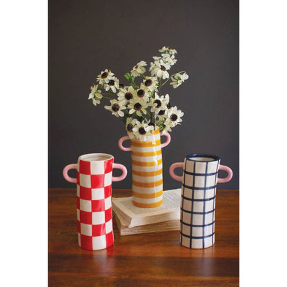 Set Of Three Paterend Ceramic Cylinder Vases With Handles