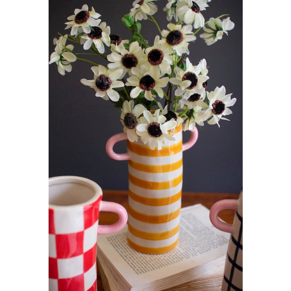 Set Of Three Paterend Ceramic Cylinder Vases With Handles