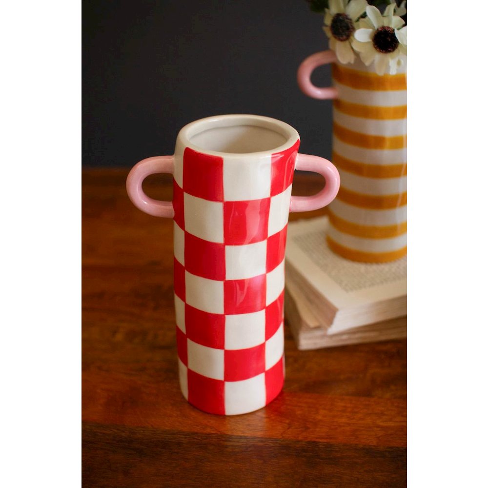 Set Of Three Paterend Ceramic Cylinder Vases With Handles