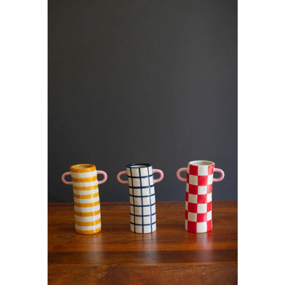 Set Of Three Paterend Ceramic Cylinder Vases With Handles