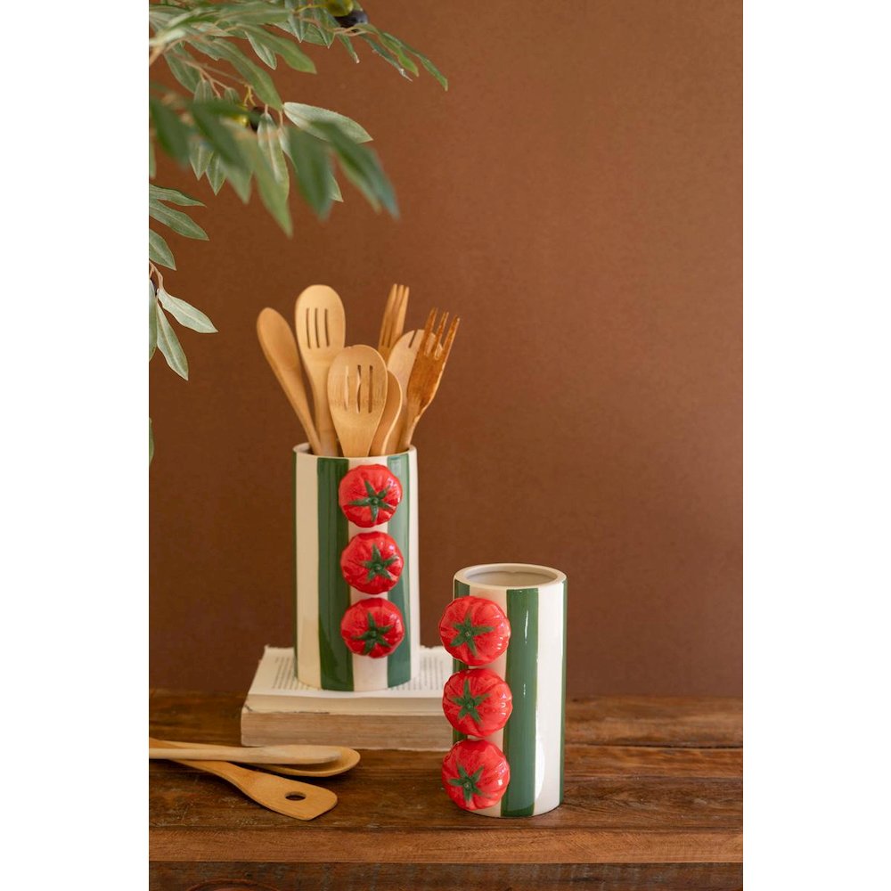 Set Of Two Ceramic Green Striped Vases With Tomatoes