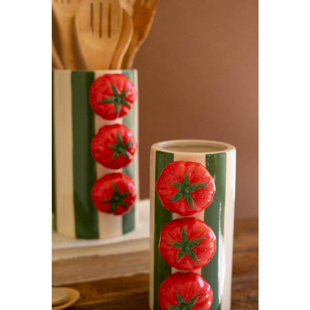 Set Of Two Ceramic Green Striped Vases With Tomatoes