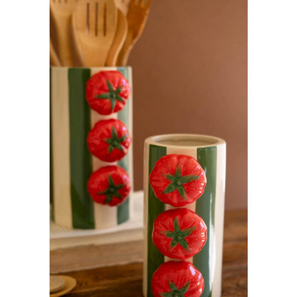 Set Of Two Ceramic Green Striped Vases With Tomatoes