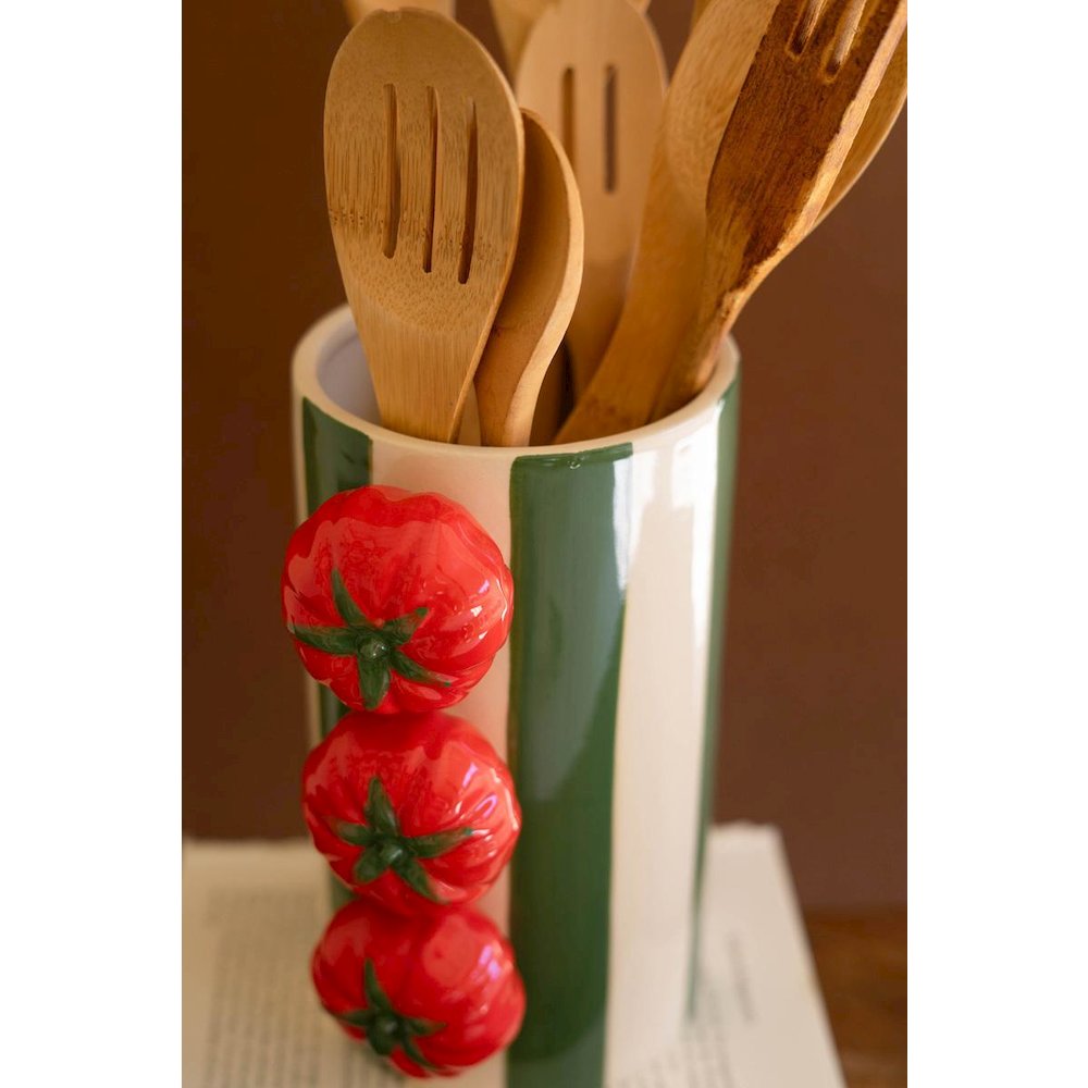 Set Of Two Ceramic Green Striped Vases With Tomatoes