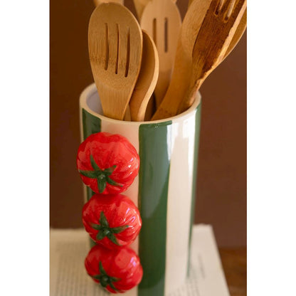 Set Of Two Ceramic Green Striped Vases With Tomatoes