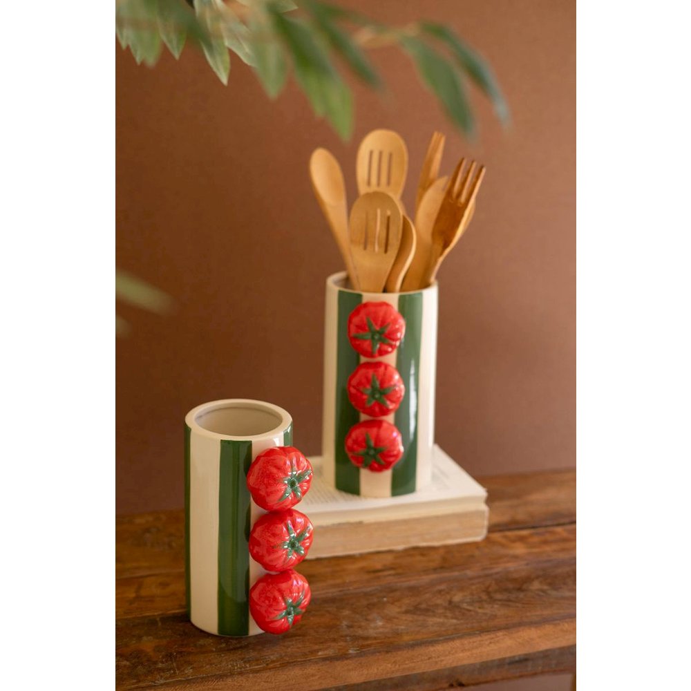 Set Of Two Ceramic Green Striped Vases With Tomatoes