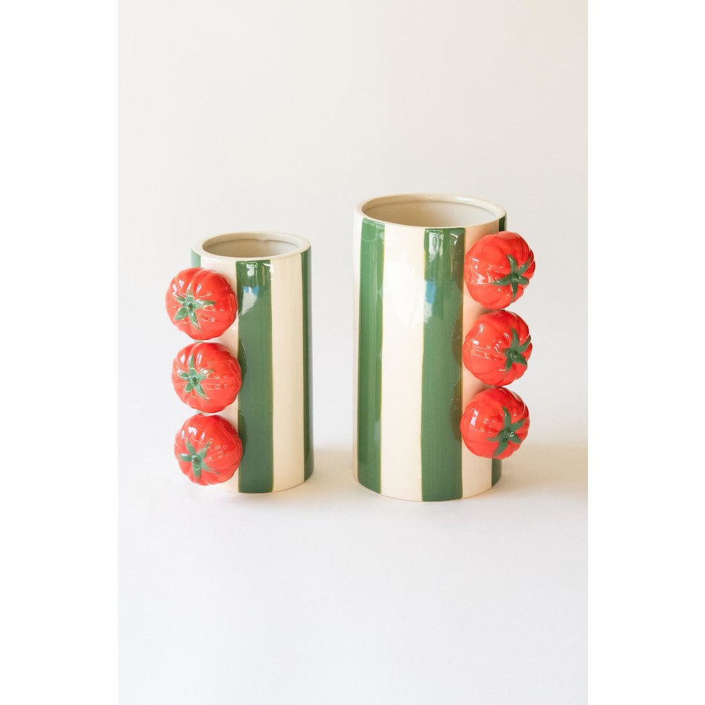 Set Of Two Ceramic Green Striped Vases With Tomatoes