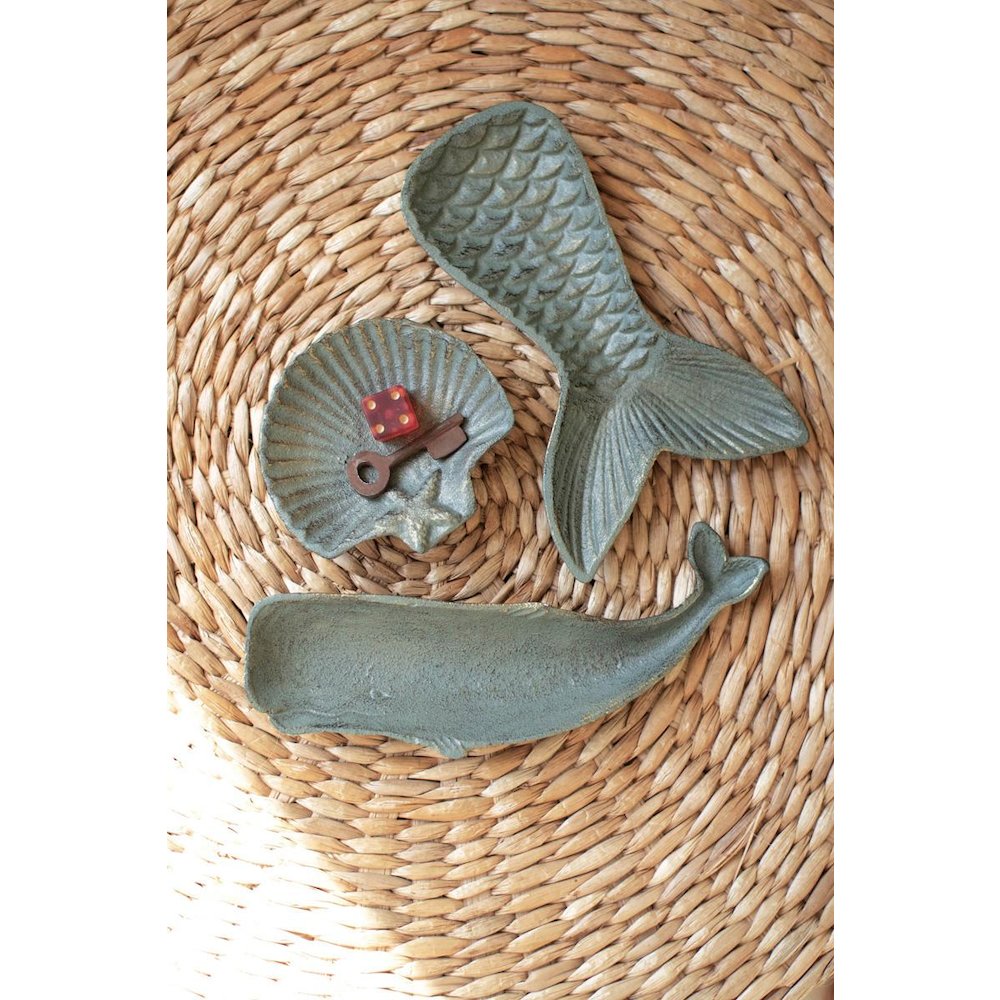Set Of Three Cast Iron Shell, Tail And Whale Trinket Trays