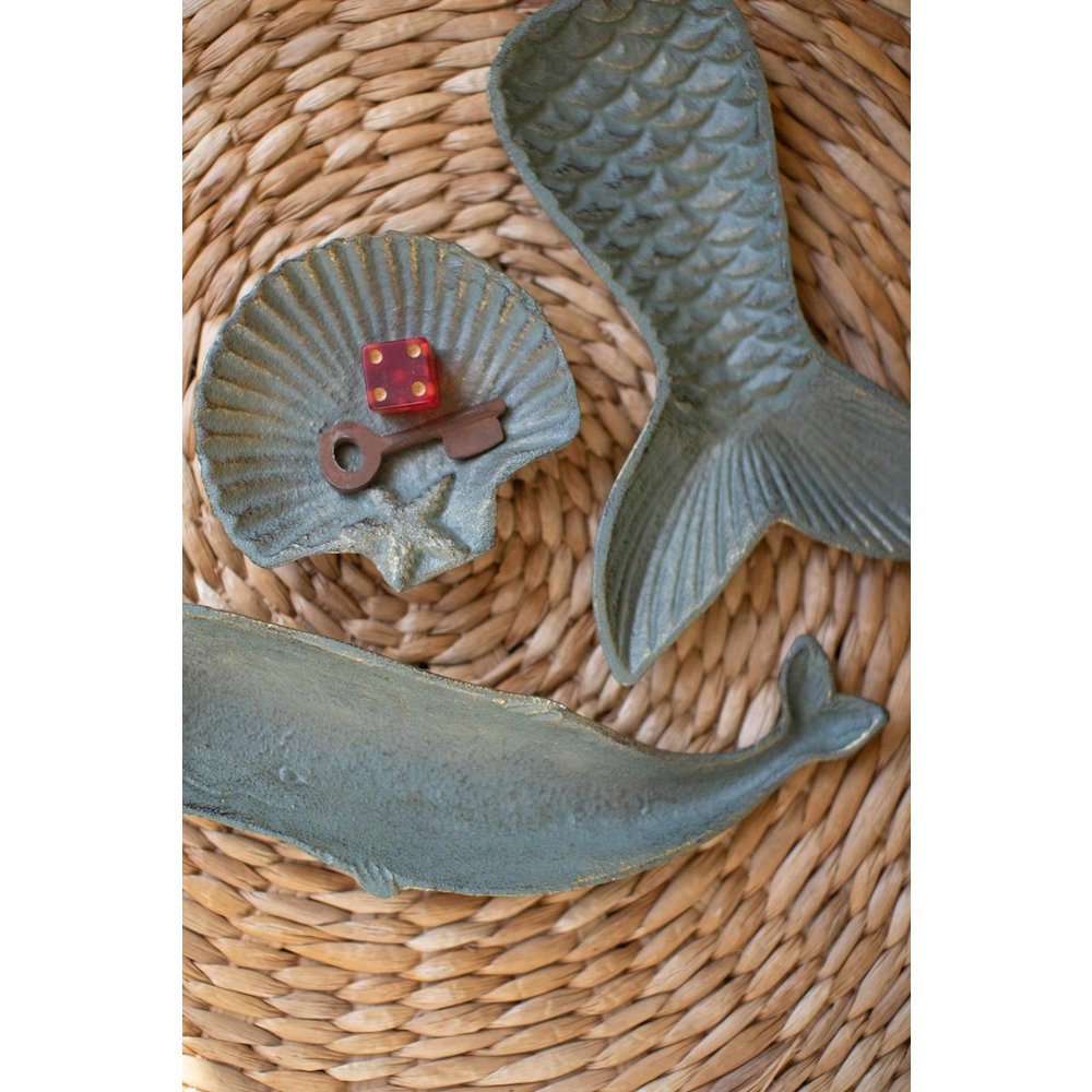 Set Of Three Cast Iron Shell, Tail And Whale Trinket Trays