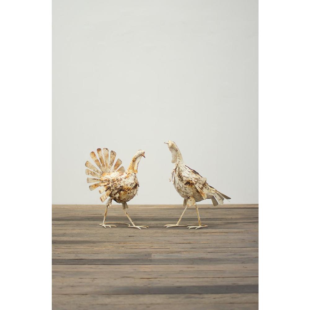 Set Of Two Antique White Metal Turkeys