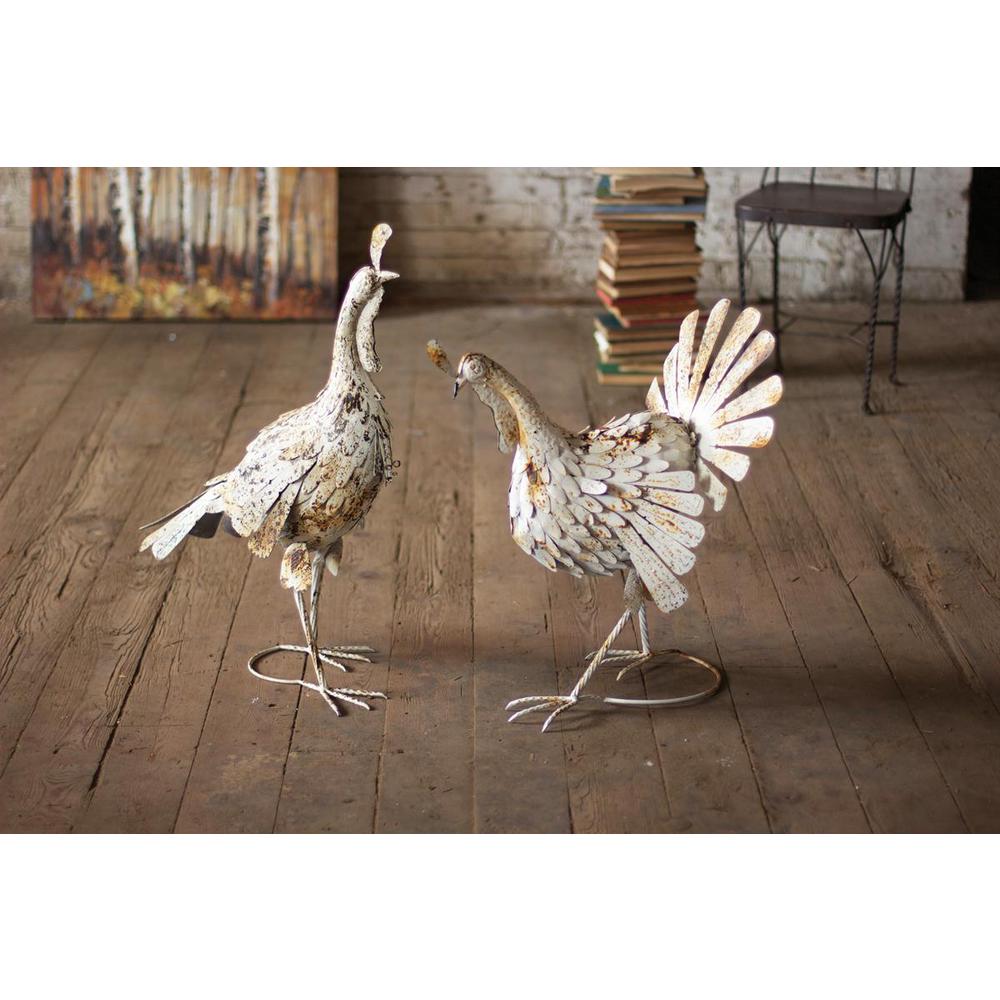 Set Of Two Antique White Metal Turkeys