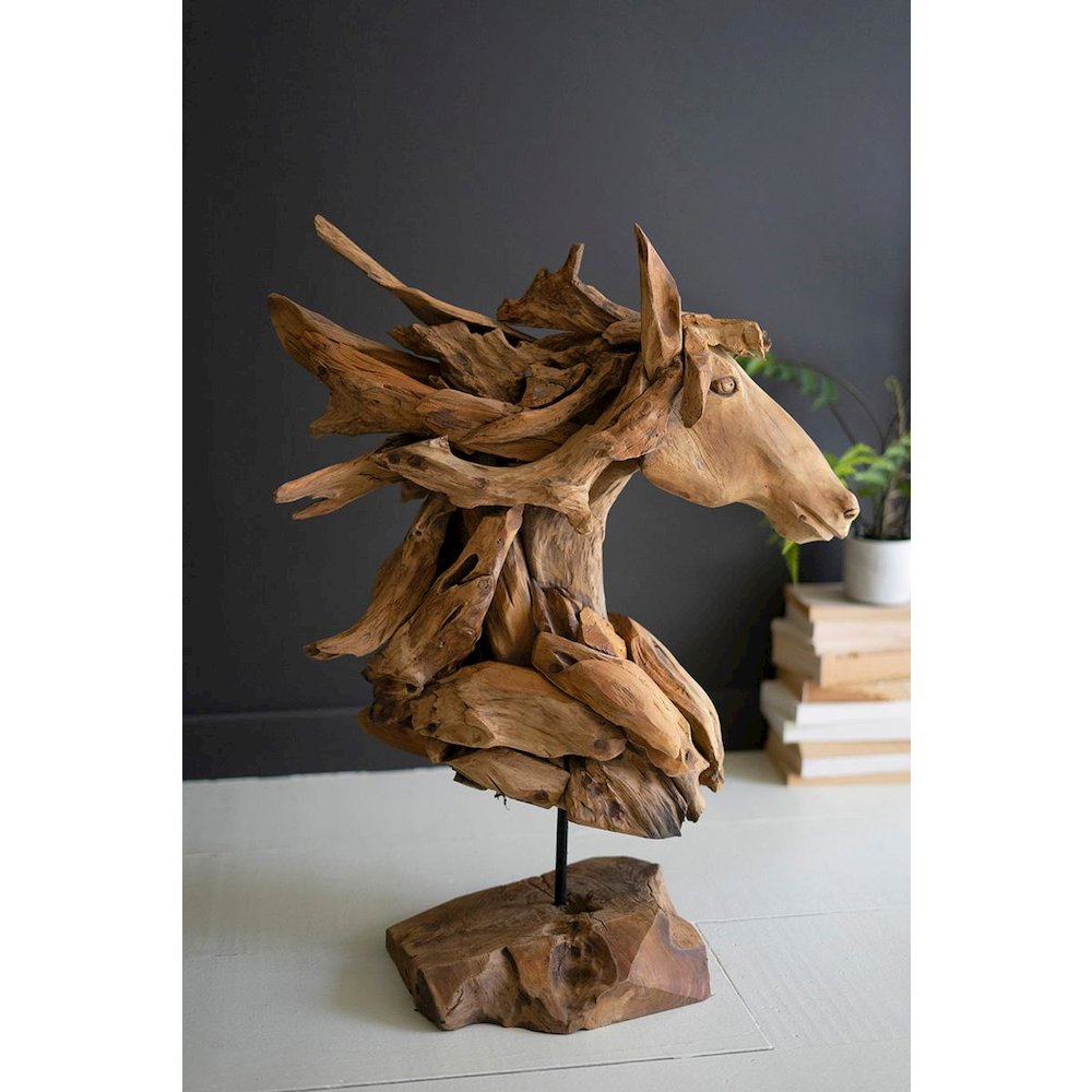 Teakwood Horse Head Sculpture With Iron Base