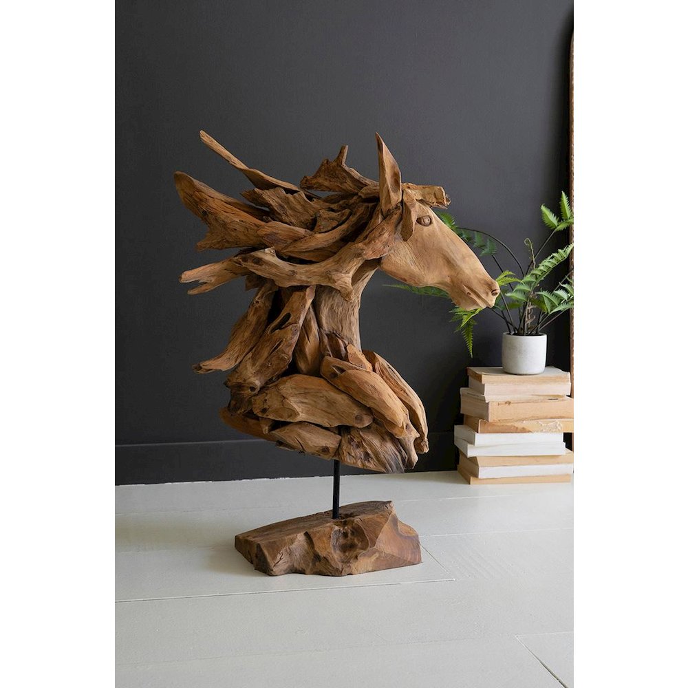 Teakwood Horse Head Sculpture With Iron Base