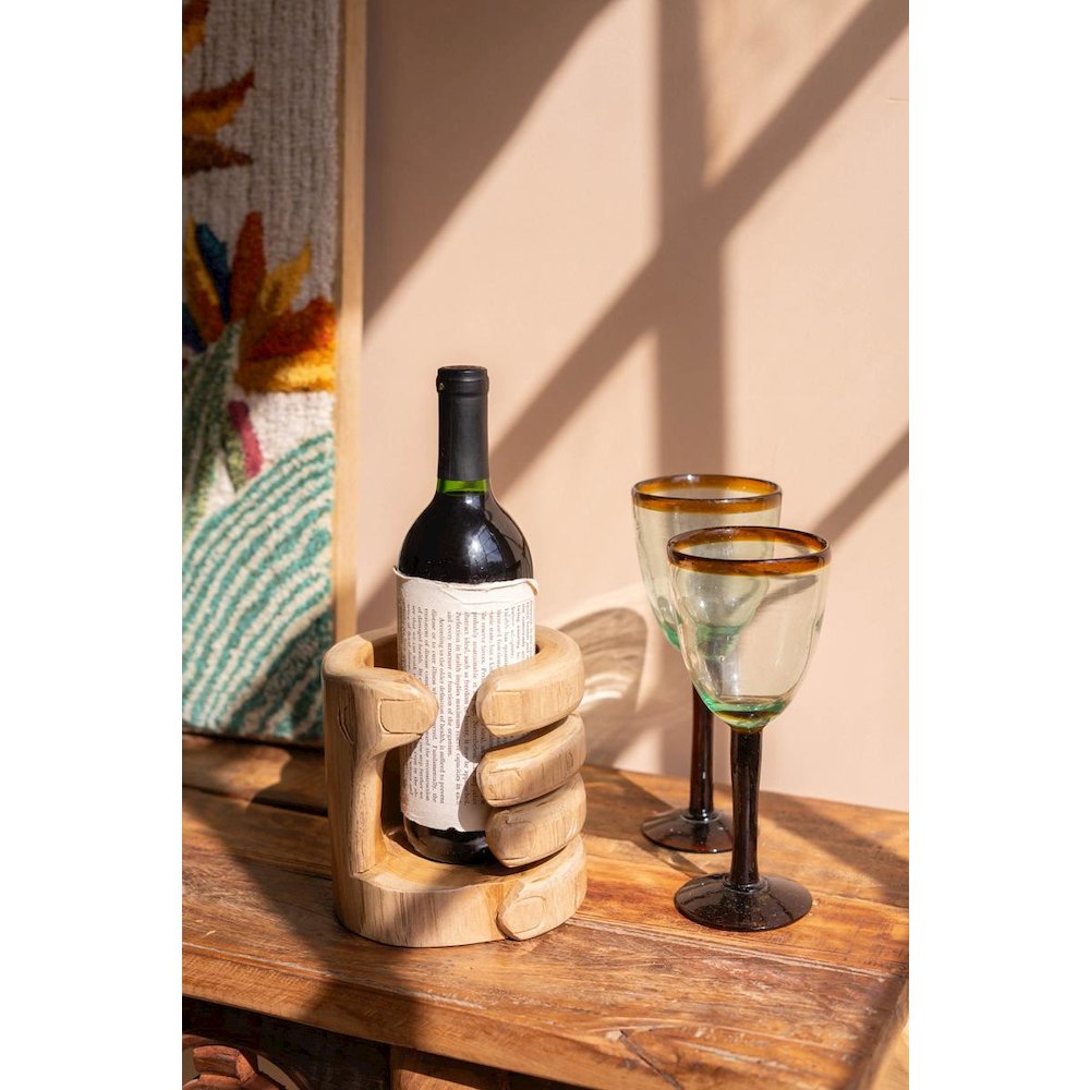 Carved Teakwood Wine Bottle Holder - Hand