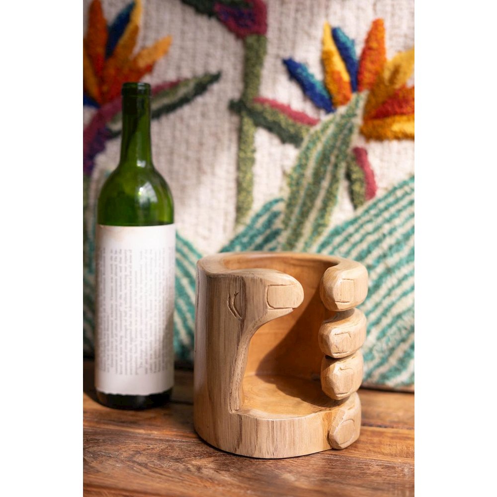 Carved Teakwood Wine Bottle Holder - Hand