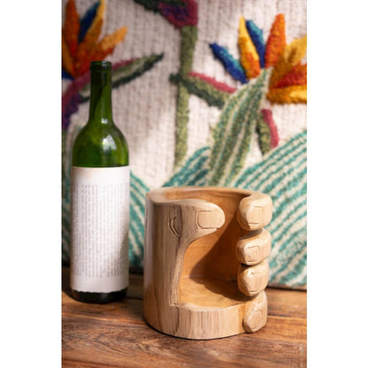 Carved Teakwood Wine Bottle Holder - Hand