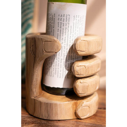 Carved Teakwood Wine Bottle Holder - Hand