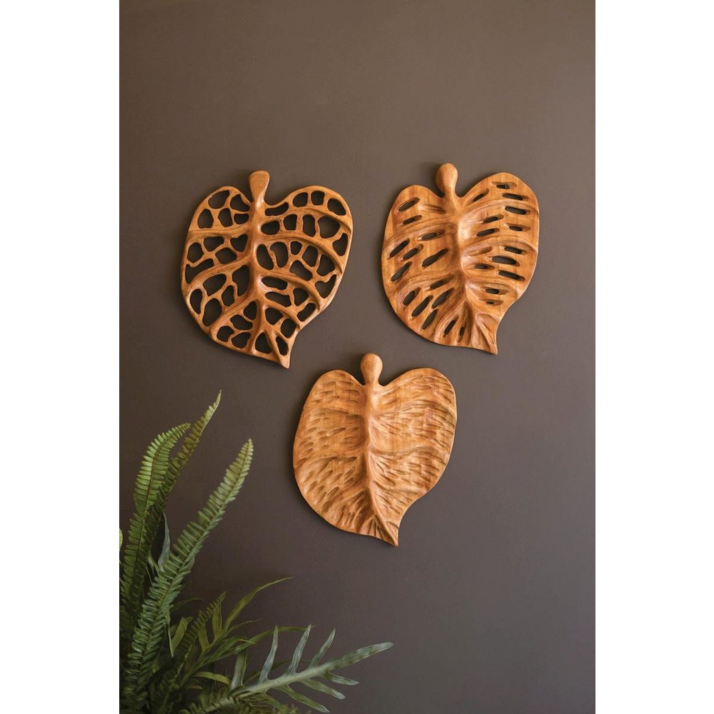 Set Of Three Carved Teakwood Leaves Wall Art