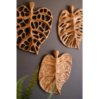 Set Of Three Carved Teakwood Leaves Wall Art