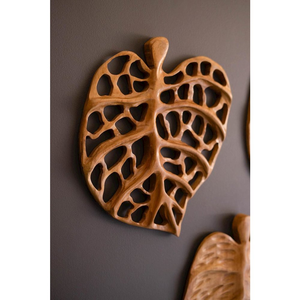 Set Of Three Carved Teakwood Leaves Wall Art