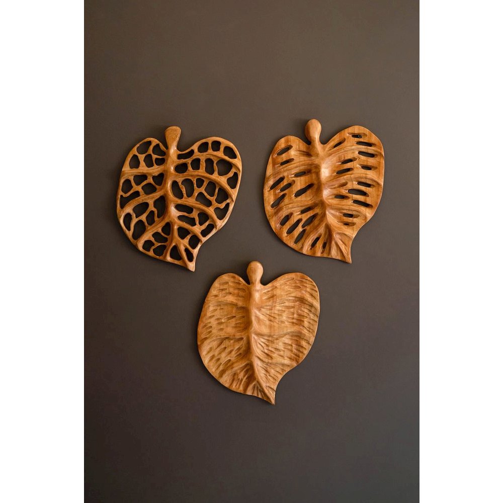 Set Of Three Carved Teakwood Leaves Wall Art