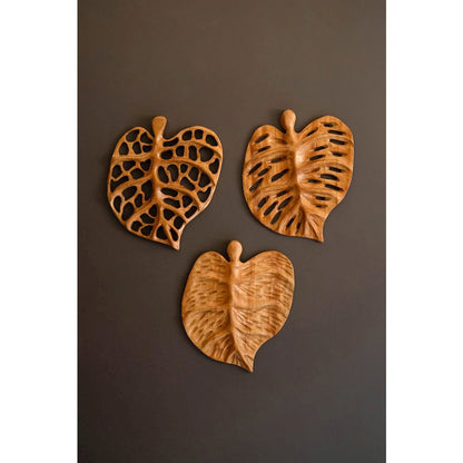 Set Of Three Carved Teakwood Leaves Wall Art