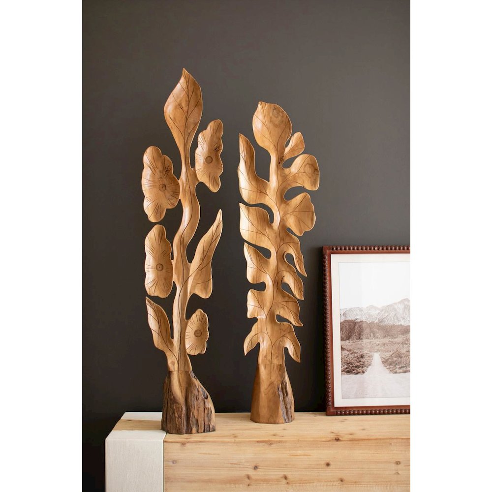 Set Of Two Botanical Teak Sculptures Above