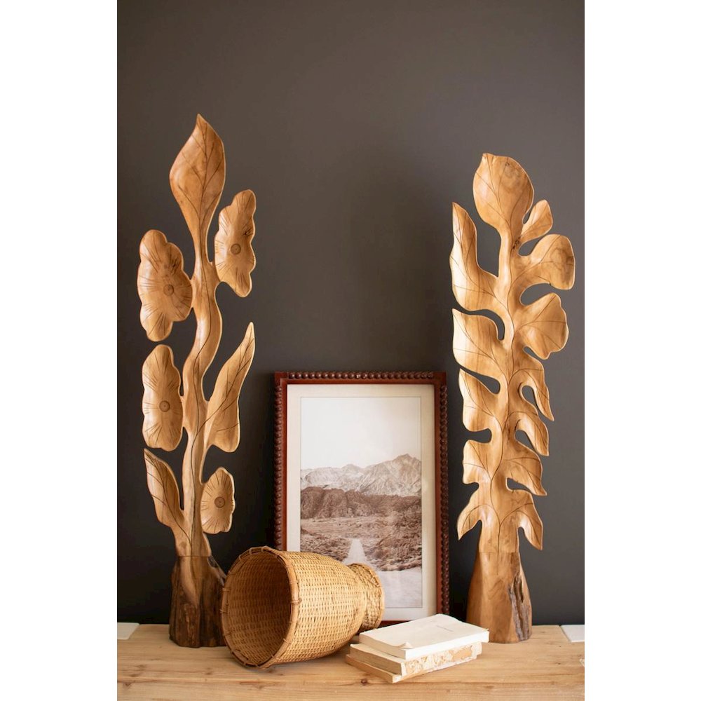 Set Of Two Botanical Teak Sculptures Above