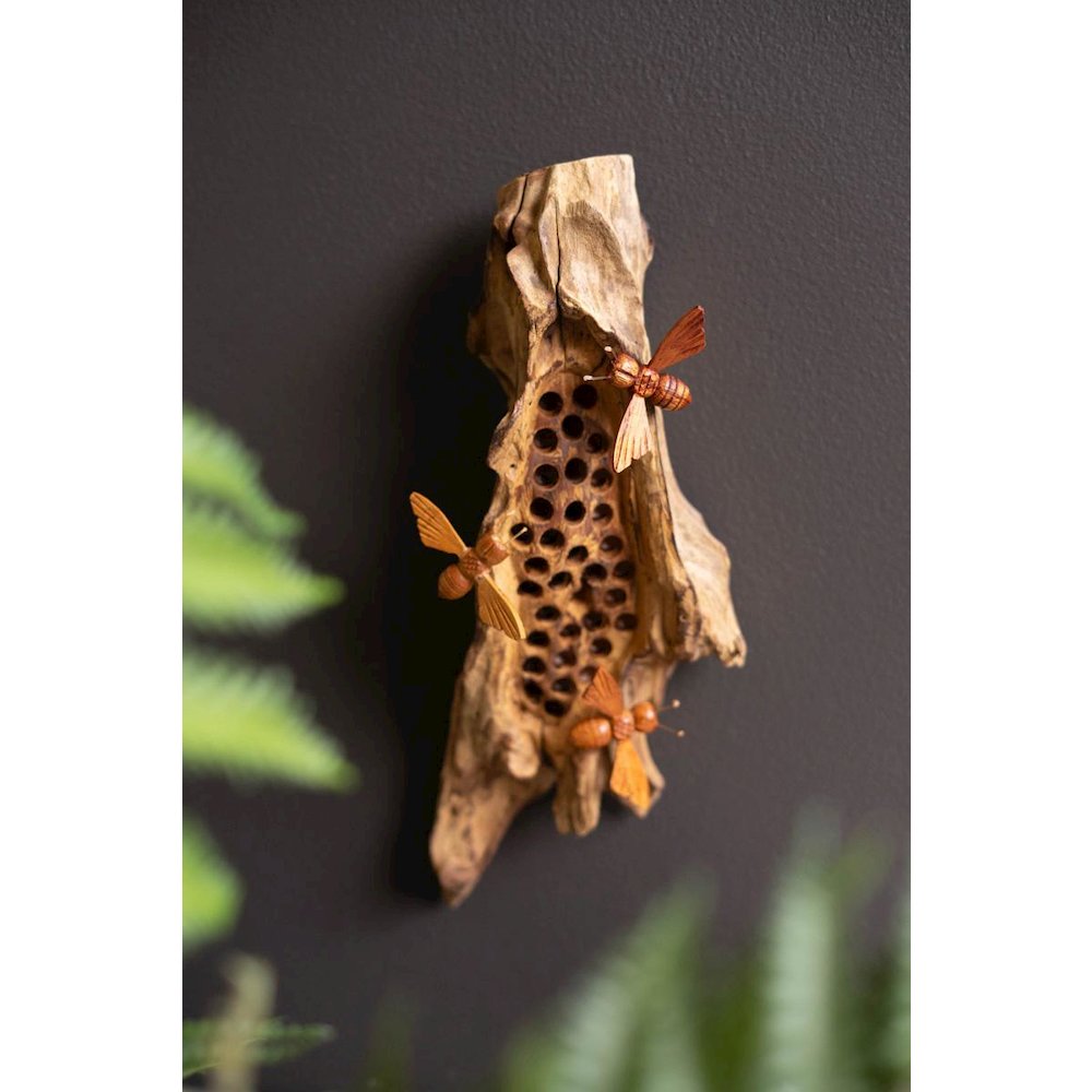 Repurposed Wood And Hand Carved Bees Wall Hanging