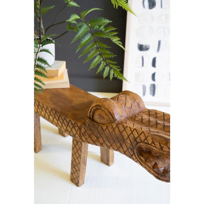 Carved Teak Wood Crocodile Bench