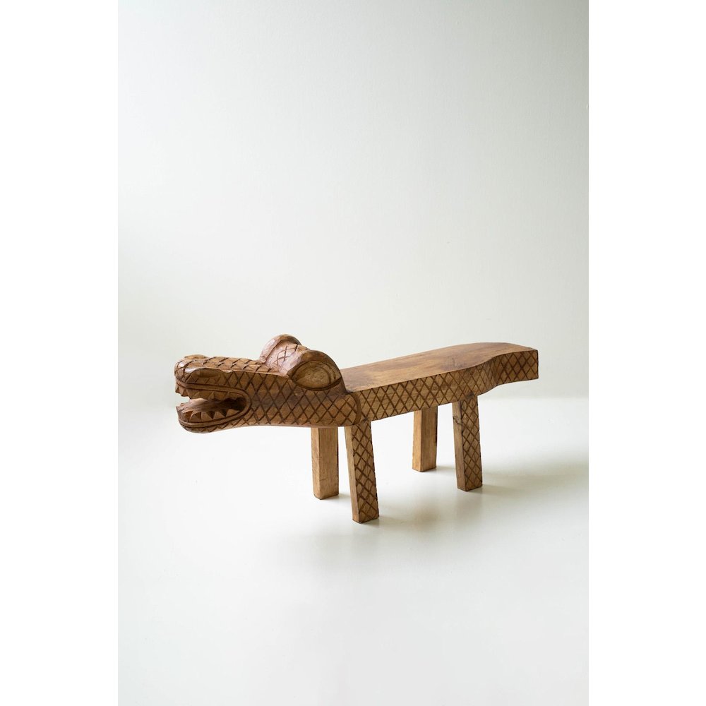 Carved Teak Wood Crocodile Bench